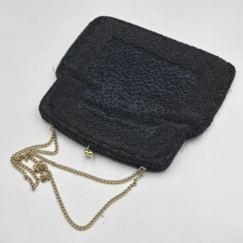 Vintage Black Beaded Evening Bag Clutch Gold Chain Kiss Lock Made in Korea